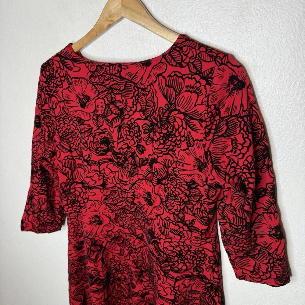 Lands End‎ Red Black Velvet Floral Fit And Flare Dress 3/4 Sleeve Women's Medium